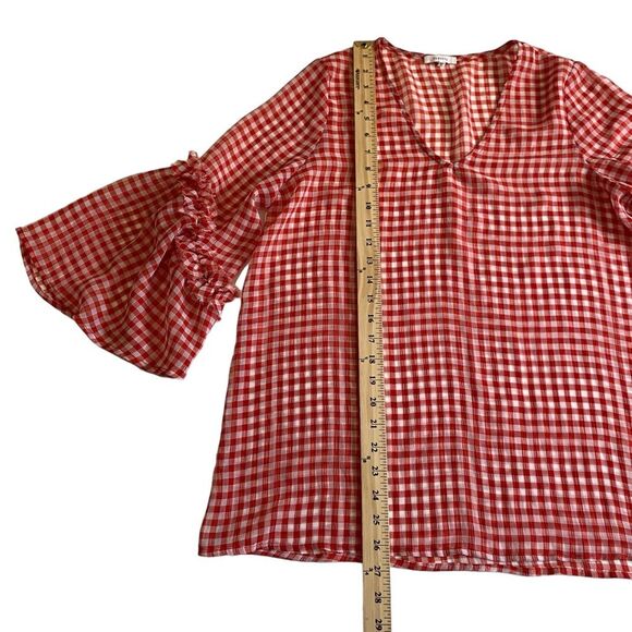 Pleione Gingham Ruffle Blouse Sheer Red White Check Sz M - Picture 6 of 9